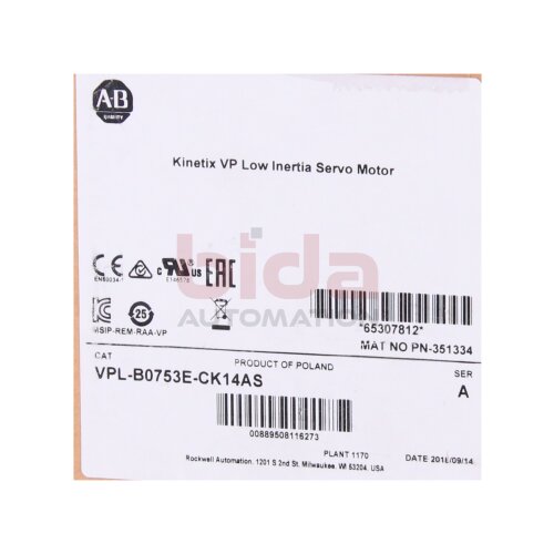 Allen-Bradley VPL-B0753E-CK14AS (00889508116273) Kinetix VP Low Inertia Servo Motor