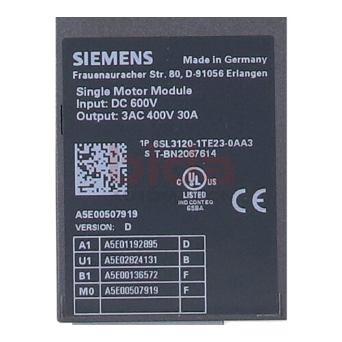 Siemens 6SL3120-1TE23-0AA3 / 6SL3 120-1TE23-0AA3 Single Motor-Module 600VDC 400VAC 30A