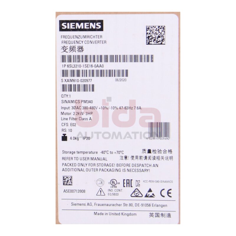 Siemens 6SL3210-1SE16-0AA0 / 6SL3 210-1SE16-0AA0 SINAMICS S120 SINAMICS S120 Umrichter Power Module  380-480V