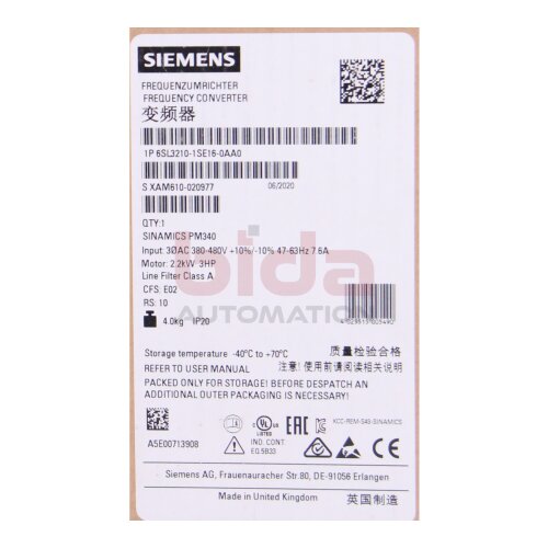 Siemens 6SL3210-1SE16-0AA0 / 6SL3 210-1SE16-0AA0 SINAMICS S120 SINAMICS S120 Umrichter Power Module  380-480V