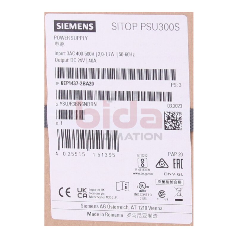 Siemens 6EP1437-2BA20 / 6EP1437-2BA20 SITOP PSU300S Stromversorgung / Power supply 40A 24V 400-500V