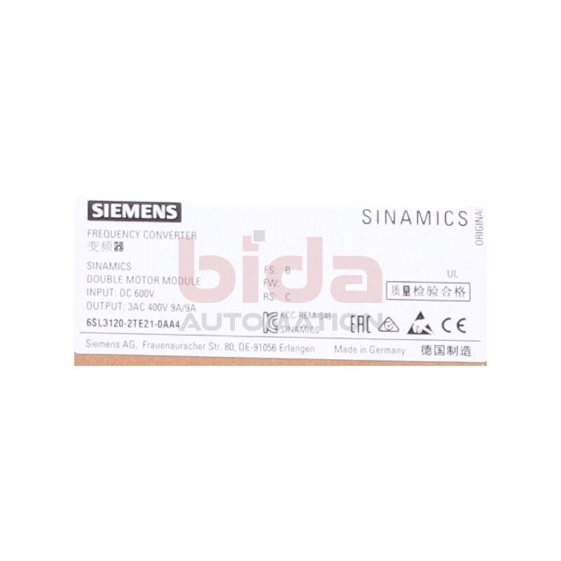 Siemens 6SL3120-2TE21-0AA4 / 6SL3 120-2TE21-0AA4 SINAMICS S120 Double Motor Module 600VDC 400V 9A