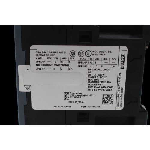Siemens 3RT2016-2AP01 Sch&uuml;tz Contactor 230V 50/60Hz