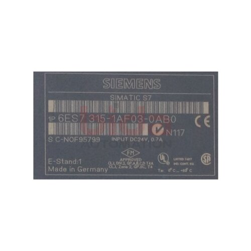 Siemens 6ES7315-1AF03-0AB0 / 6ES7 315-1AF03-0AB0  SIMATIC S7-300, CPU 315 Zentralbaugruppe / Central assembly  DC 24V, 48 KByte