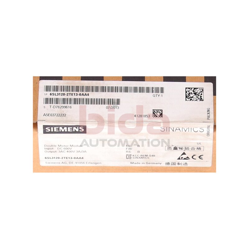 Siemens 1P 6SL3120-2TE13-0AA4 / 6SL3 120-2TE13-0AA4 SINAMICS S120 Double Motor Module 600VDC 400V 3A