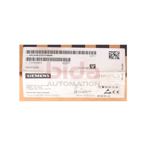 Siemens 1P 6SL3120-2TE13-0AA4 / 6SL3 120-2TE13-0AA4 SINAMICS S120 Double Motor Module 600VDC 400V 3A