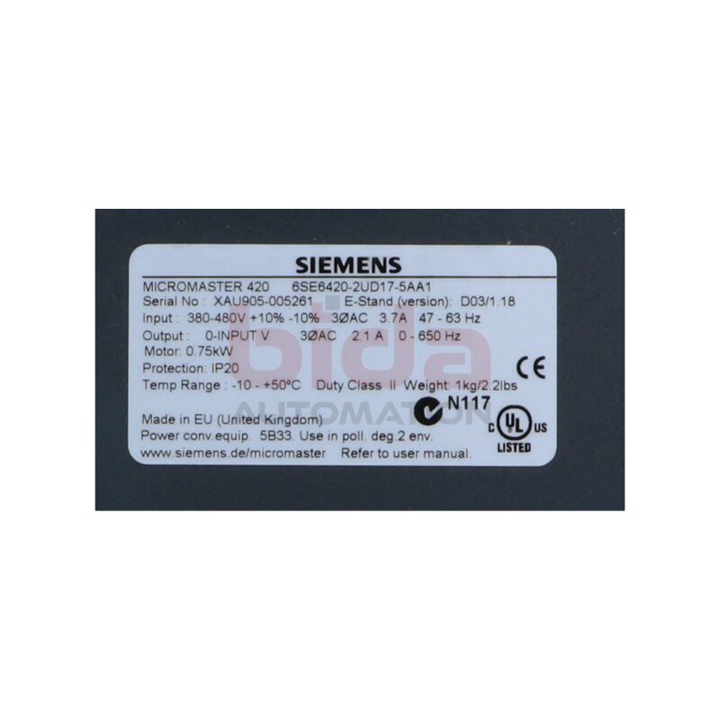 Siemens 6SE6420-2UD17-5AA1 (6SE6 420-2UD17-5AA1) Micromaster 420 Frequenzumrichter Frequency Converter