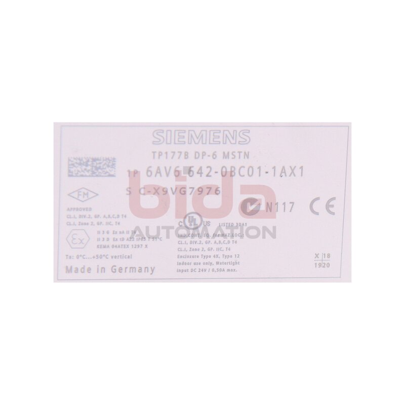 Siemens 6AV6 642-0BC01-1AX1 SIMATIC TP Panel TP177B 6" DP Blue Mode
