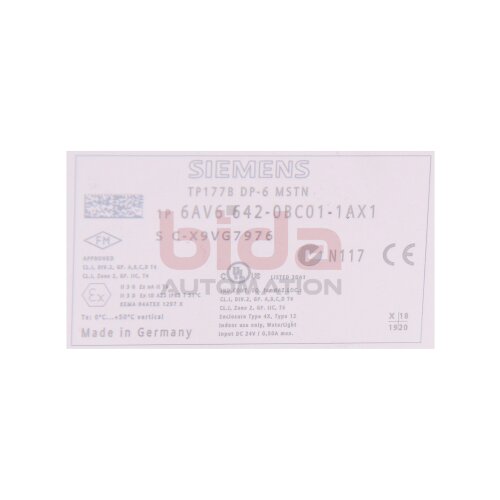 Siemens 6AV6 642-0BC01-1AX1 SIMATIC TP Panel TP177B 6" DP Blue Mode