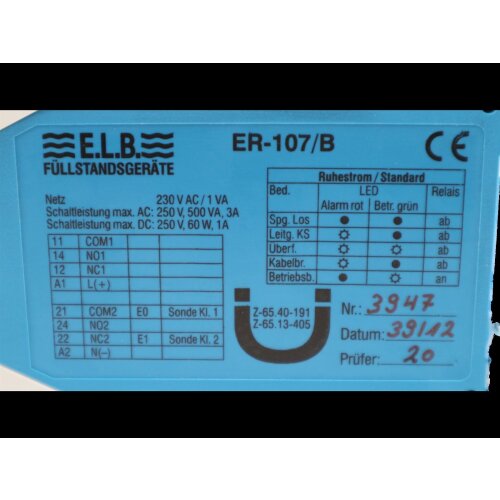 E.L.B. ER-107/B Elektrodenrelais Relais &Uuml;berwachung F&uuml;llstandsmessger&auml;t relay