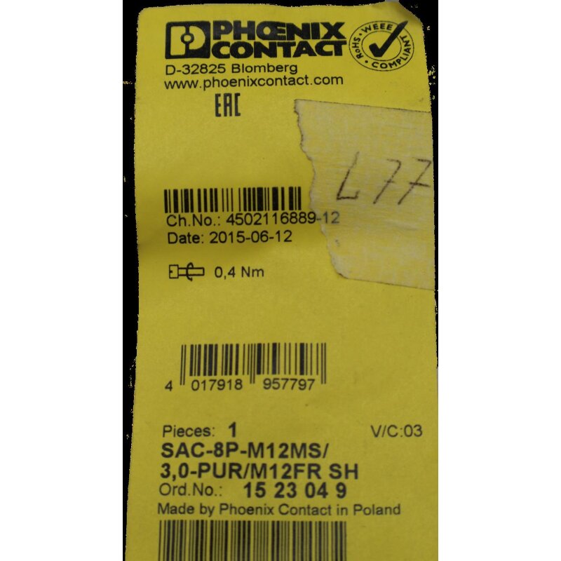 Phoenix Contact 1523049 Sensor-Aktor-Kabel 3m SAC-8P-M12MS/3,0-PUR/M12FRSH cable