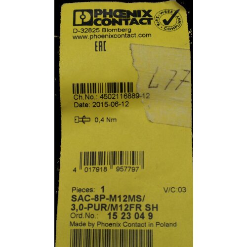 Phoenix Contact 1523049 Sensor-Aktor-Kabel 3m SAC-8P-M12MS/3,0-PUR/M12FRSH cable