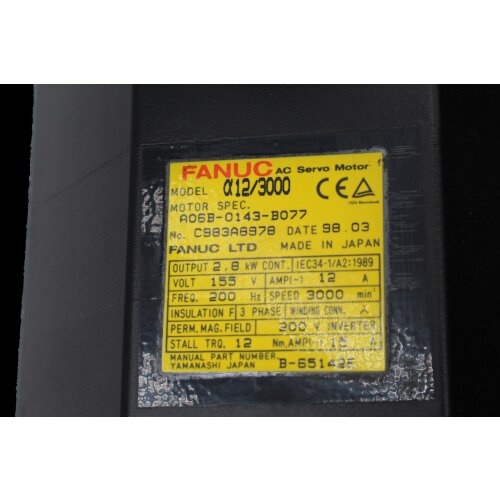 Fanuc A06B-0143-B077 Servomotor Servo Motor Alpha a12/3000