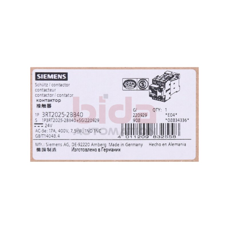 Siemens Sirius 3RT2025-2BB40 / 3RT2 025-2BB40  Leistungssch&uuml;tz Power Contactor 24V  3polig