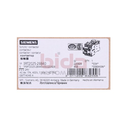 Siemens Sirius 3RT2025-2BB40 / 3RT2 025-2BB40  Leistungssch&uuml;tz Power Contactor 24V  3polig