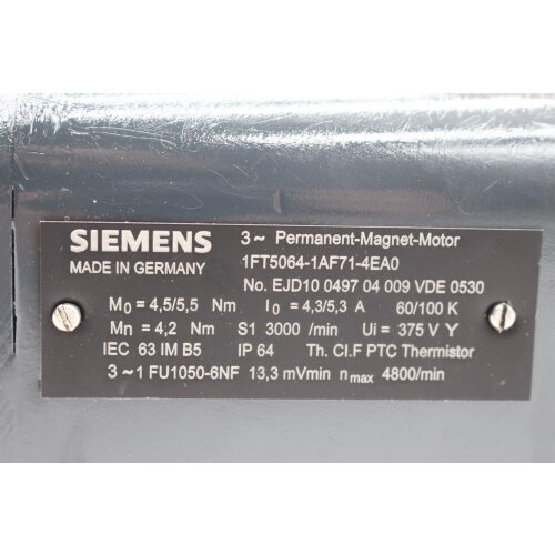 Siemens 1FT5064-1AF71-4EA0 3~Permanent-Magnet-Motor Servomotor Motor ** 12 Monate/months  Garantie **