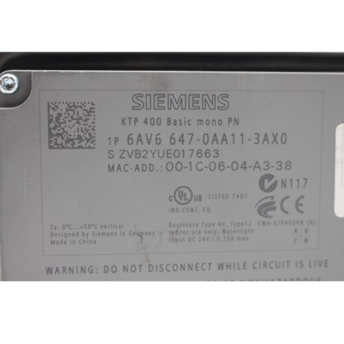 Siemens 6AV6647-0AA11-3AX0 basic mono Panel Touch KTP 400