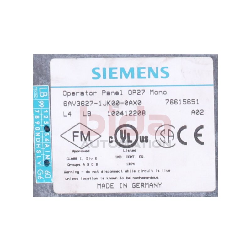Siemens 6AV3627-1JK00-0AX0 / 6AV3 627-1JK00-0AX0 Operator panel Bedienger&auml;t Steuerung Mono OP27