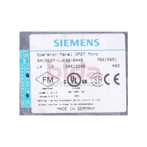 Siemens 6AV3627-1JK00-0AX0 / 6AV3 627-1JK00-0AX0 Operator panel Bedienger&auml;t Steuerung Mono OP27