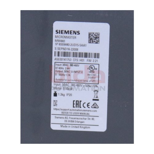 Siemens 6SE6440-2UD15-5AA1 Micromaster 440 Frequenzumrichter Frequency Converter