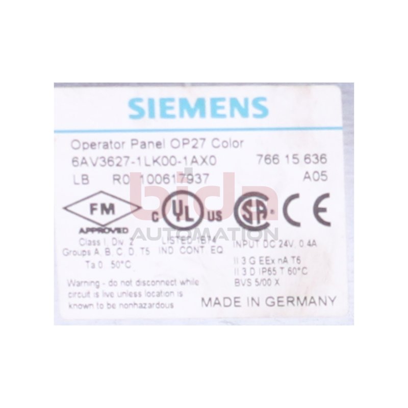 Siemens 6AV3627-1LK00-1AX0 OP27 Operator Panel Bedienger&auml;t