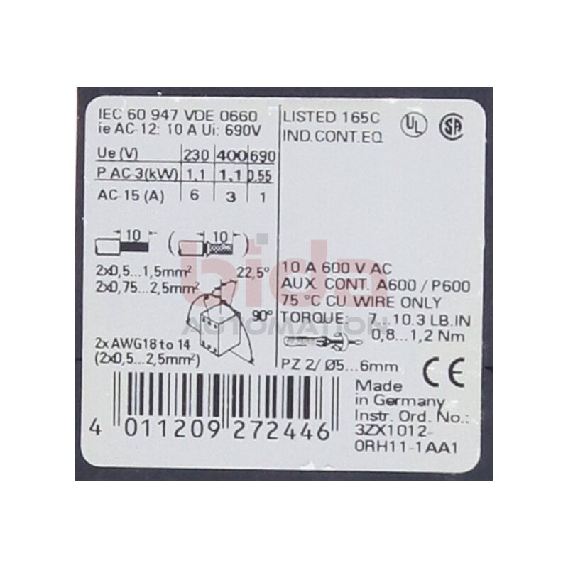 Siemens 3RH1122-1AP00 / 3RH1 122-1AP00 Leistungssch&uuml;tz Power Contactor
