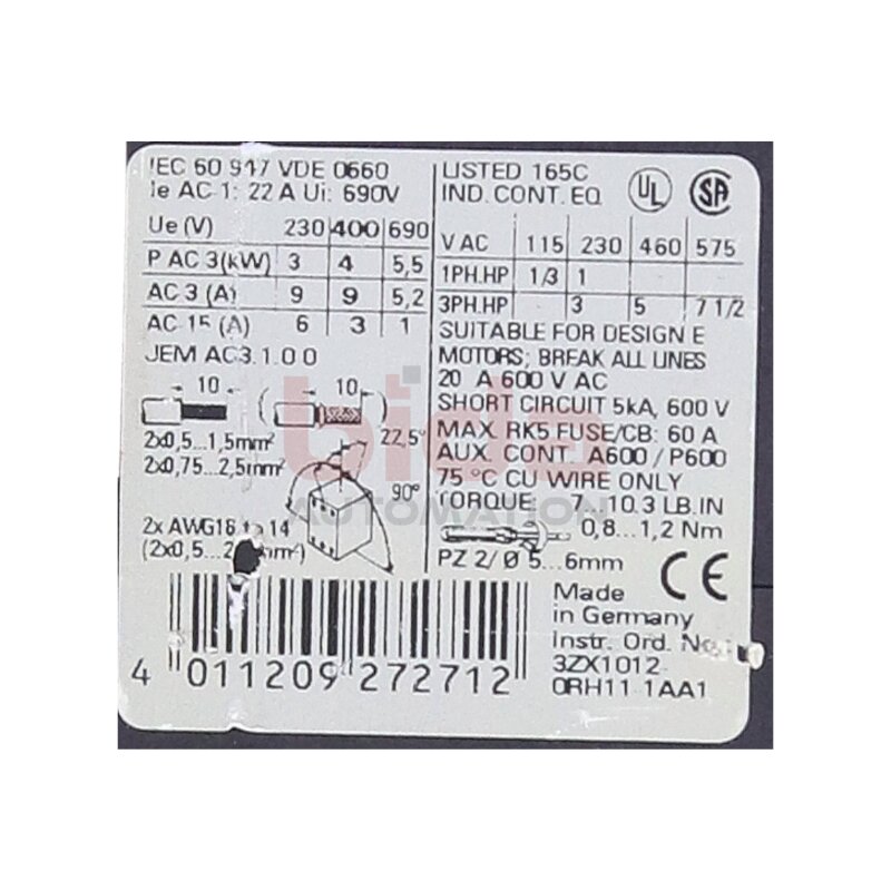 Siemens Sirius 3RT1016-1BB42 / 3RT1 016-1BB42 Leistungssch&uuml;tz Power Contactor