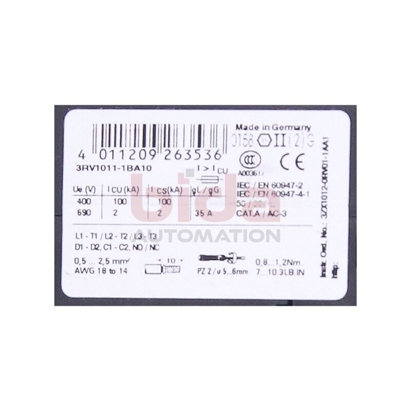 Siemens Sirius 3RV1011-1BA10 / 3RV1 011-1BA10 Leistungssch&uuml;tz Power Contactor