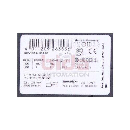 Siemens Sirius 3RV1011-1BA10 / 3RV1 011-1BA10 Leistungssch&uuml;tz Power Contactor