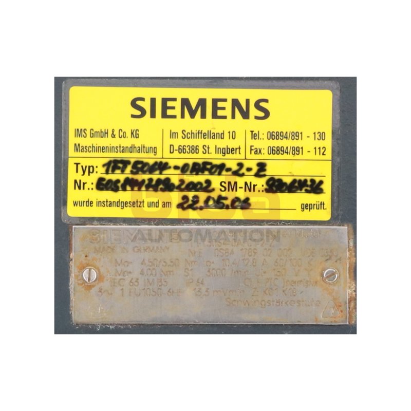 Siemens 1FT5064-0AC01-2-Z 3~Permanent-Magnet-Motor Servomotor Motor