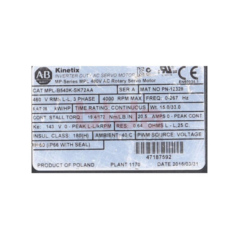Allen Bradley MPL-540K-SK72AA Servomotor Servo Motor