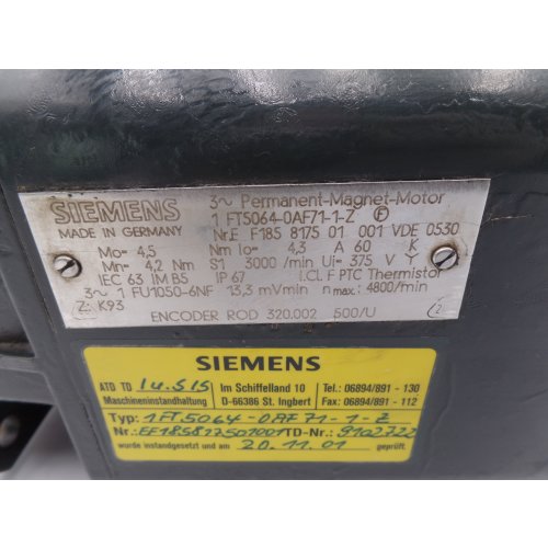 Siemens 1FT5064-0AF71-1-Z 3~Permanent-Magnet-Motor Servomotor Motor