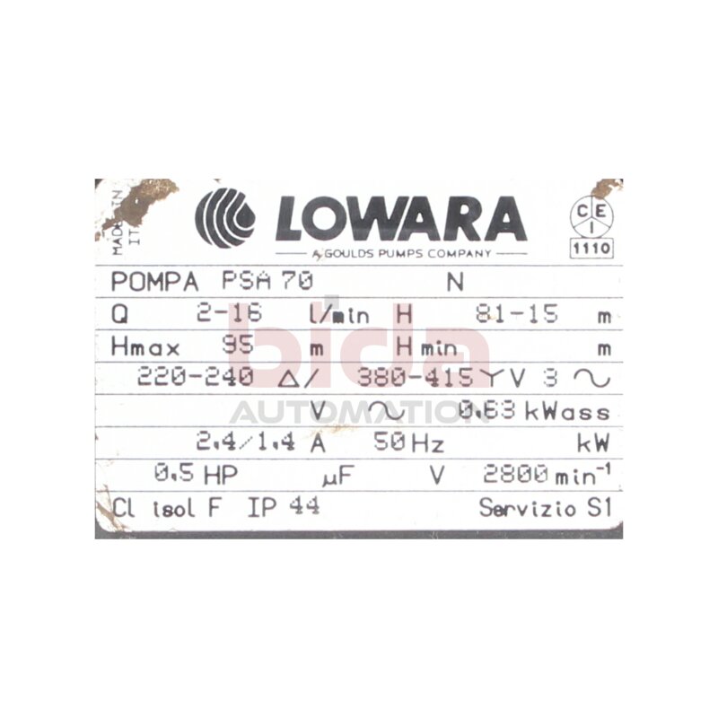 Lowara POMPA PSA 70 IP44 Peripheralrad Pumpen Peripheral Impeller Pumps