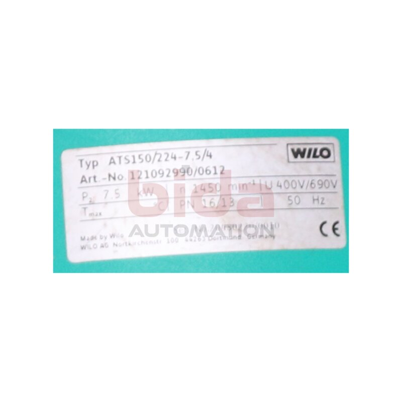 Wilo ATS150/224-7,5/4 Trockenl&auml;uferpumpe Glanded pump 400V/690V