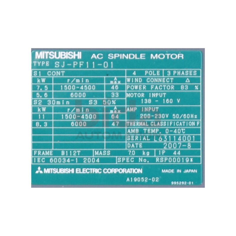 Mitsubishi SJ-PF11-01 Spindelmotor Spindle Engine 200-230V