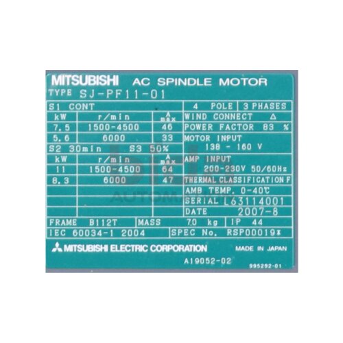 Mitsubishi SJ-PF11-01 Spindelmotor Spindle Engine 200-230V