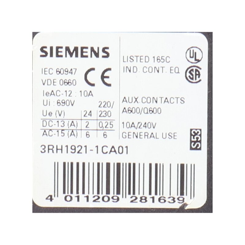 Siemens 3RH1921-1CA01 / 3RH1 921-1CA01 Hilfsschalterblock Auxiliary Switch Block
