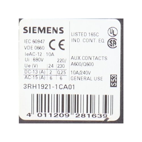 Siemens 3RH1921-1CA01 / 3RH1 921-1CA01 Hilfsschalterblock Auxiliary Switch Block