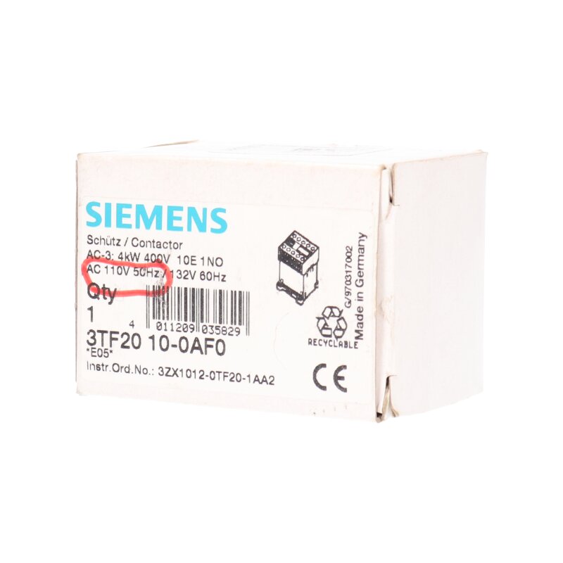 Siemens 3TF20 10-0AF0 / 3TF2 010-0AF0 Leistungssch&uuml;tz Power Contactor