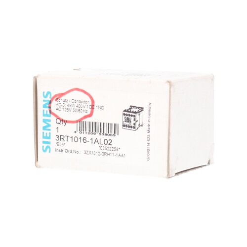 Siemens Sirius 3RT1016-1AL02 / 3RT1 016-1AL02 Leistungssch&uuml;tz Power Contactor