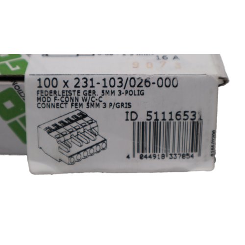 WAGO 100x 231-103/026-000 Federleiste 5mm grau Klemmenleisten