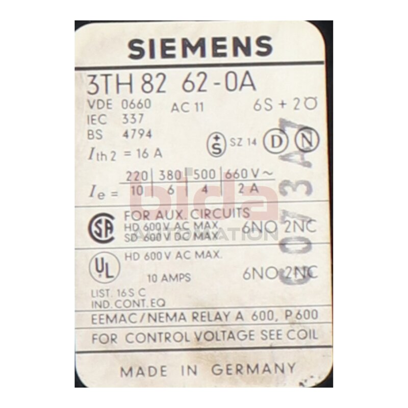 Siemens 3TH82 62-0A Hilfssch&uuml;tz Auxiliary Contactor