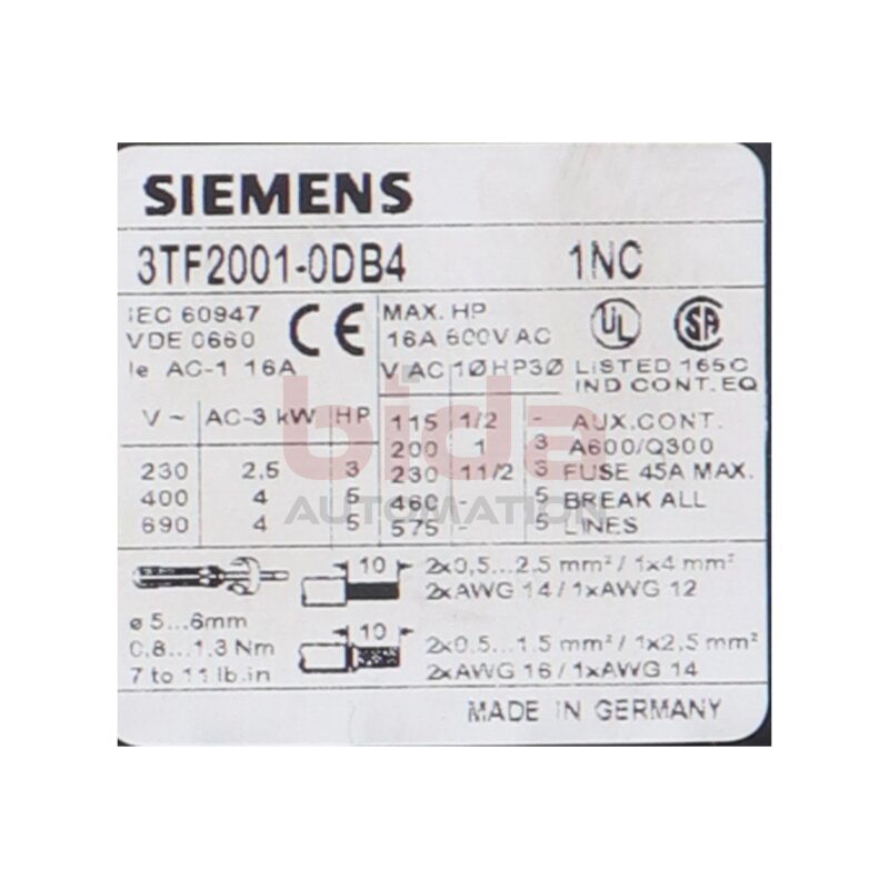 Siemens 3TF2001-0DB4 / 3TF2 001-0DB4 Sch&uuml;tz Contactor