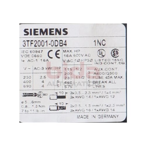Siemens 3TF2001-0DB4 / 3TF2 001-0DB4 Sch&uuml;tz Contactor
