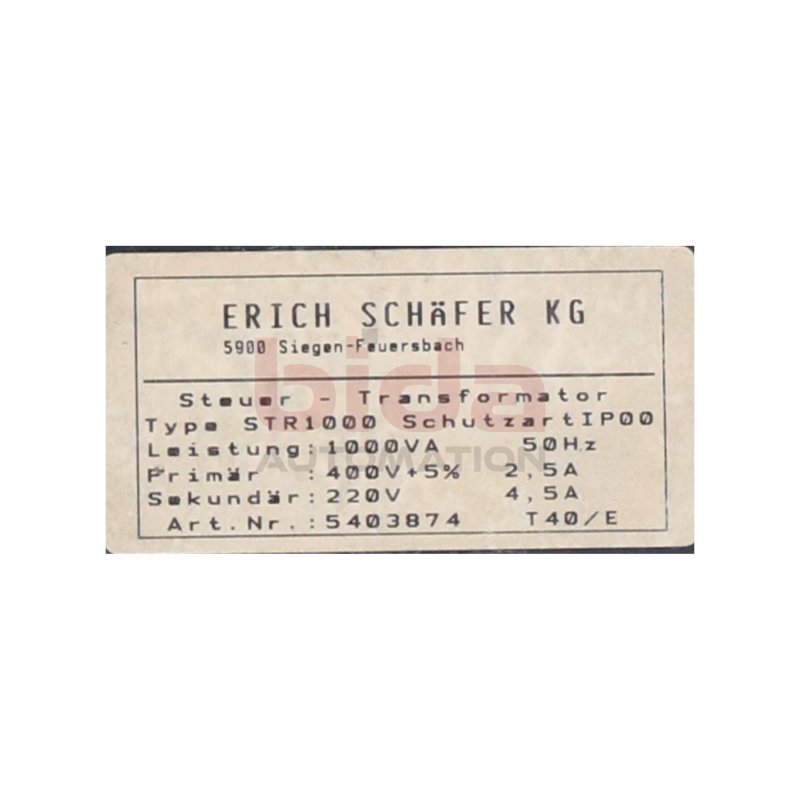 Erich Sch&auml;fer KG STR1000 Art.Nr. 5403874 Steuertransformator Control Transformer