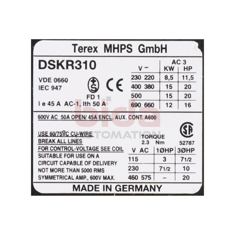 Demag DSKR310 230/220V50HZ Sch&uuml;tz Contactor