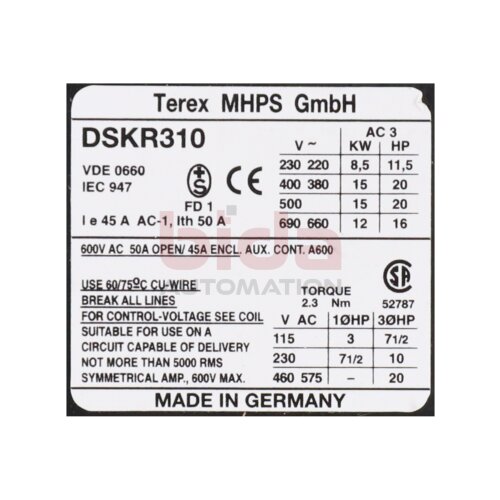 Demag DSKR310 230/220V50HZ Sch&uuml;tz Contactor