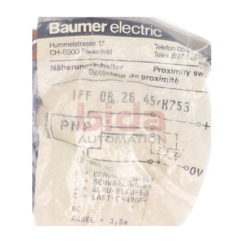 Baumer electric IFF 08.26.45/K753 N&auml;hrungsschalter Proximity Switch