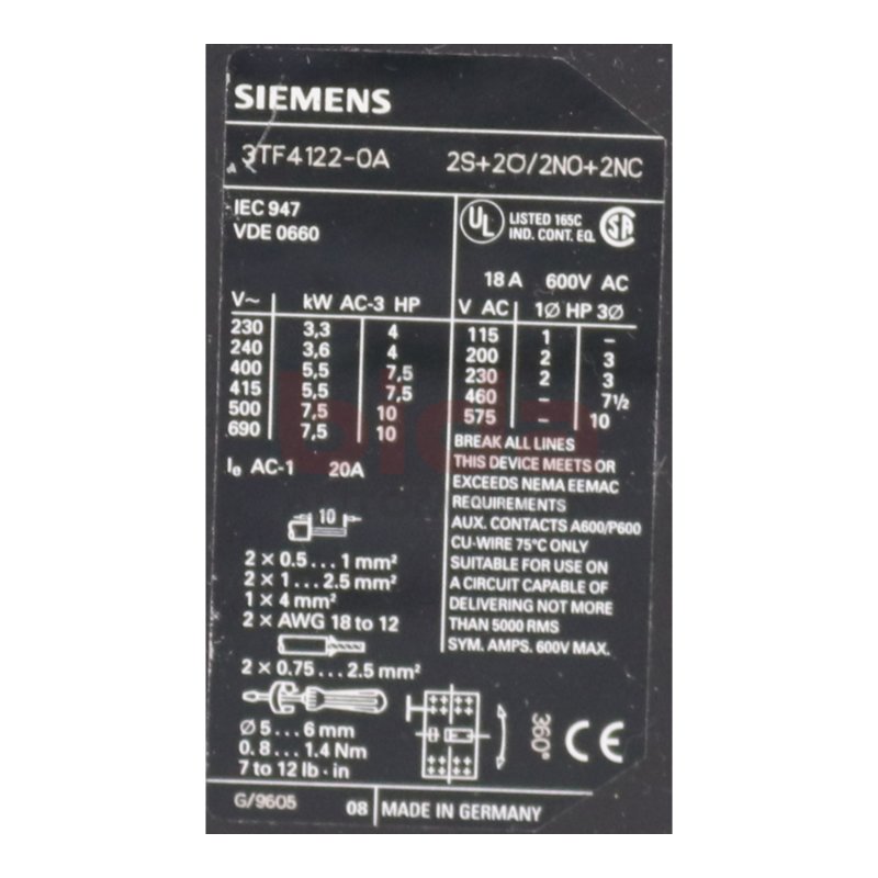 Siemens 3TF4122-0A Sch&uuml;tz Contector 600V 18A