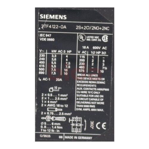 Siemens 3TF4122-0A Sch&uuml;tz Contector 600V 18A